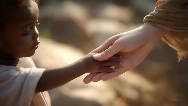 Heartfelt scene of a child&rsquo;s hand reaching toward a mother&rsquo;s hand, capturing parental care, bonding, safety, and the essence of family love. cinematic color correction, natural uneven lighting yet