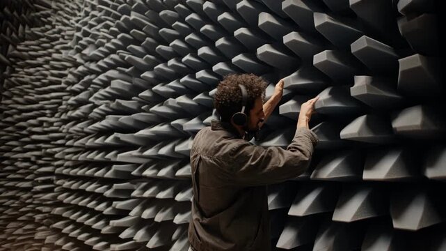 Studio engineer adjusting wallmounted foam panels demonstrating soundproofing setup to control echo and enhance audio quality in a medium shot.