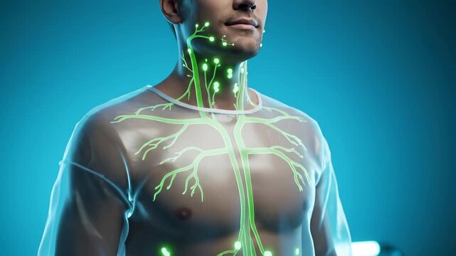 Man displays lymphatic system with glowing green nodes in transparent body visualization. Medical anatomy shows lymph network. Man with lymphatic system visible. Green lymph nodes glow in body anatomy