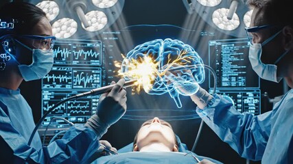 Surgeons performing brain surgery with futuristic technology and blue lights in operating room - Powered by Adobe