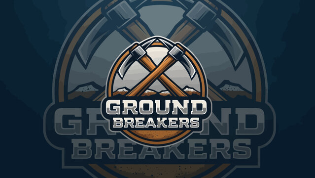 Ground Breakers Logo with Crossed Pickaxes and Mountains.