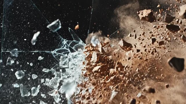 Asteroid impact on glass surface with debris and explosion in space
