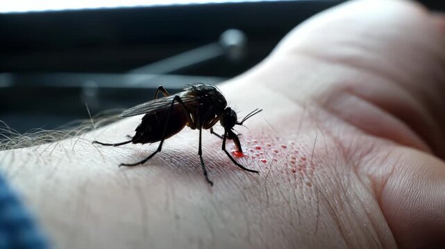 Mosquito feeds on human hand causing bite marks. Insect draws blood from skin leaving red spots. Mosquito on hand shows disease risk. Blood feeding creates bite reaction. Medical concern from