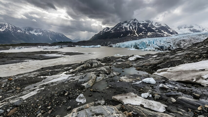 Dramatic dry glacier landscape with snow-capped mountains and icy waters