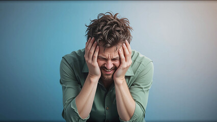 Young man with curly hair is expressing frustration by holding his head in his hands, showcasing emotional distress in a minimalist environment with soft blue tones