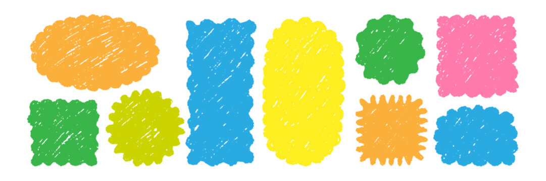 Set of colorful pastel frames with scalloped edges for notes drawn with chalk. Pencil-drawn note frames, vector grunge texture stickers for diaries, isolated on white background