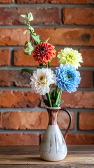 Colorful flowers in an earthen pitcher, set against a brick wall on a wooden surface, creating a still life