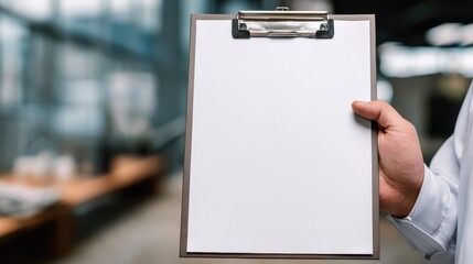 Doctor holding a blank clipboard in a modern medical facility, ready for notes