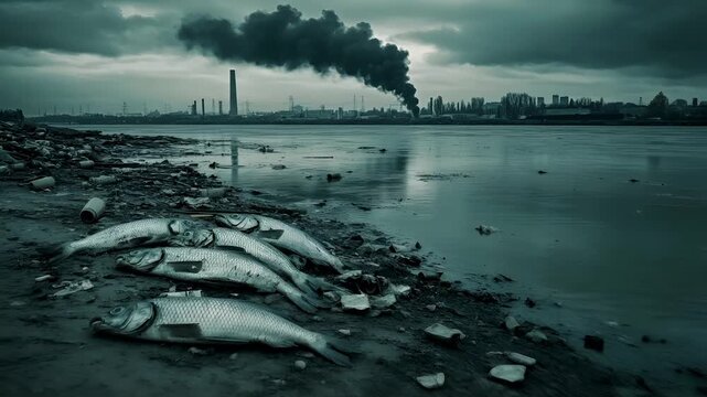 A monochromatic, grayscale photograph of a polluted riverbed with fish and debris. The scene is set against a backdrop of a city skyline with industrial chimneys releasing smoke into the sky.