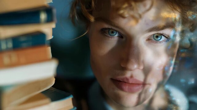 A human face double-exposed with stacked books dissolving into light particles, representing knowledge transfer, education evolution, and lifelong learning. cinematic color correction, natural