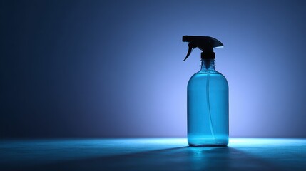 Blue spray bottle filled with liquid, illuminated against a dark blue gradient background
