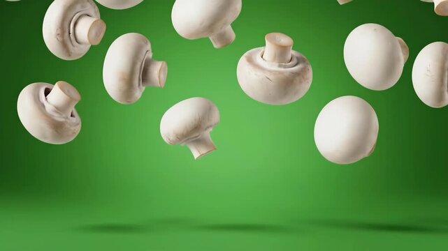 Mushroom Rain Fresh Agaricus Falling on Green Backdrop Food Still Life.