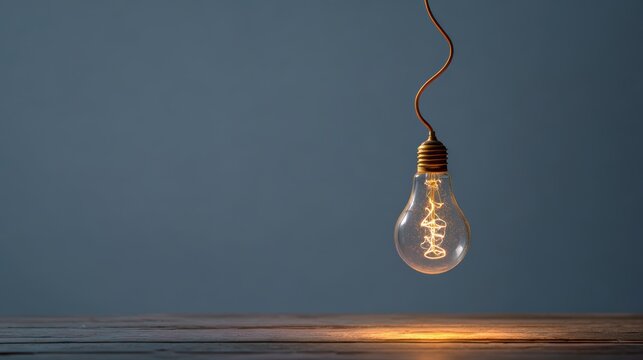 Single glowing incandescent light bulb hanging from a cord against a dark blue background - Powered by Adobe