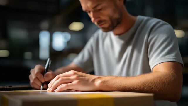 Above table top view of hands of a warehouse worker preparing orders on a table, structured layout highlighting fulfillment tasks, logistics planning, and operational precision. cinematic color