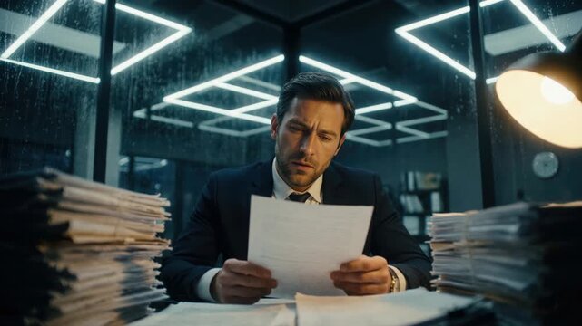 Cinematic video of a stressed businessman reading a document late at night in a modern office with stacks of paperwork and rain on the window during a tight deadline.