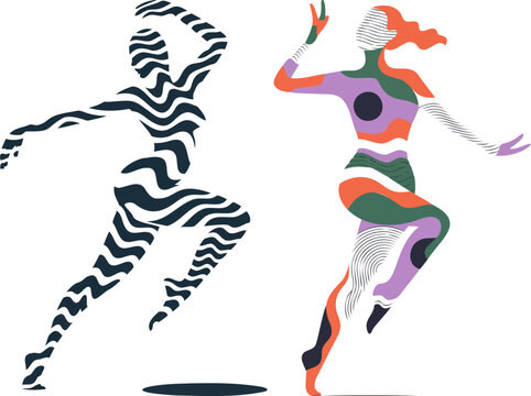 Abstract female figures in dynamic poses with patterned fills