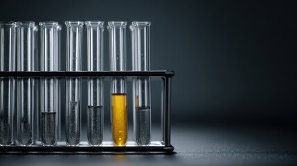 Row of test tubes with one containing bright yellow liquid, science experiment