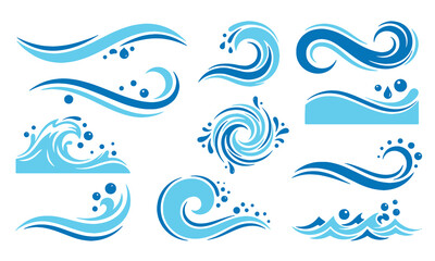 Dynamic Blue Water Waves Vector Set. Ocean, Sea and Aqua Splash Design Elements Collection.