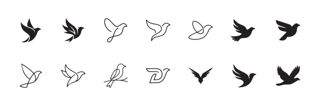 Elegant Bird and Dove Logo Collection Vector Set Minimalist Flying Icons for Branding and Peace Concepts