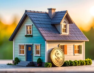 Miniature house with a large gold coin, set against a blurred, sunny backdrop