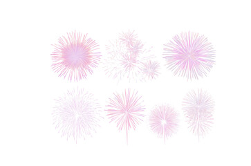 Set of fireworks in various shapes with purple shades on transparent PNG background. Fireworks suitable for celebration and decoration design.