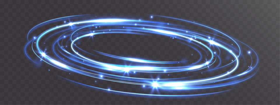 Light blue glowing circular energy ring with sparkling star particles on transparent background.
