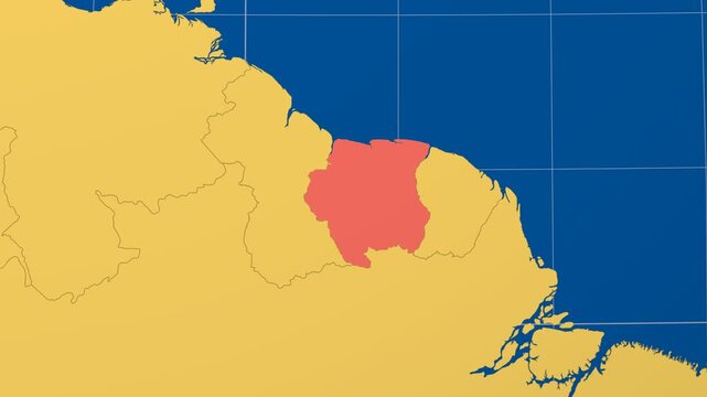 Suriname on Globe. Animated zoom into the country in Ocean Blue Golden Yellow color palette. Suriname logo animation. Map with meridians, parallels. Appealing video.