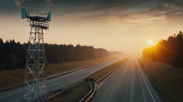Medium shot of a smart tower utilizing IoT sensors to observe structural integrity and power usage beside a rural highway during sunset
