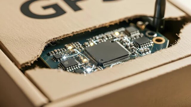 Circuit board module with bright blinking lights inside a cardboard box. Motherboard with active electronic components for technology development.