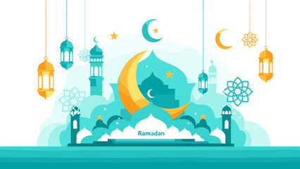 Fototapeta premium Vibrant Ramadan celebration with mosque, lanterns, and crescent moon
