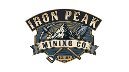 Fototapeta premium Iron Peak Mining Co. Vintage Emblem with Tools and Mountains.