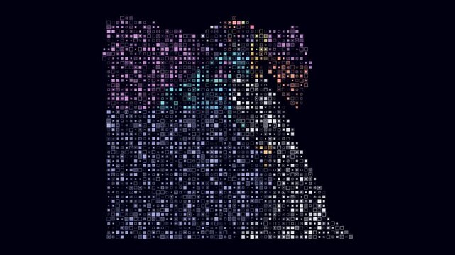 Egypt map animation. Shape of the country with pulsating colored dots. Small size square blocks. Digital style Egypt map on dark background. Classy video.