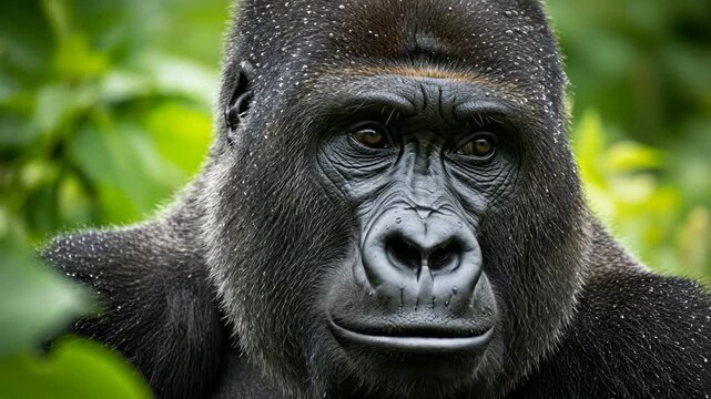 Close-Up Shot of a Male Gorilla's Face in Natural Habitat