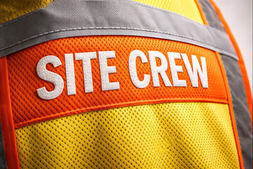 Close-up of orange and yellow mesh safety vest labeled SITE CREW, worn by construction workers to ensure visibility and safety compliance on-site