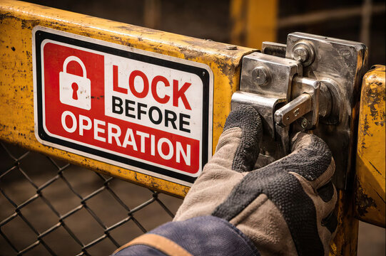 Close-up of red warning sign Lock Before Operation on industrial gate, promoting machine safety and lockout tagout procedures