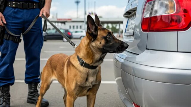 Man with police dog sniffs car bumper. Border security service working with detection dog. Guard dog for law enforcement.