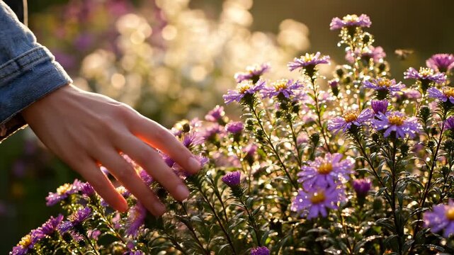 Hand gently touches purple aster flowers in garden. Person reaches for blooming aster in sunlight. Purple flower petals bloom in garden bed. Hand touching purple aster during golden hour light.