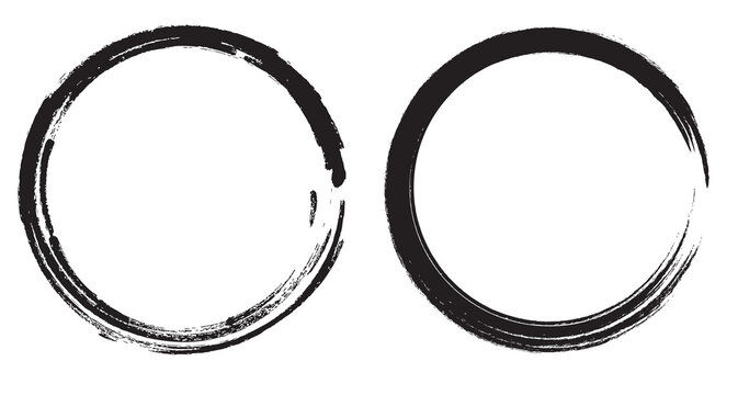 Grunge Circle Frames Set, Black Hand-Drawn Zen Brush Stroke Borders on Transparent Background
