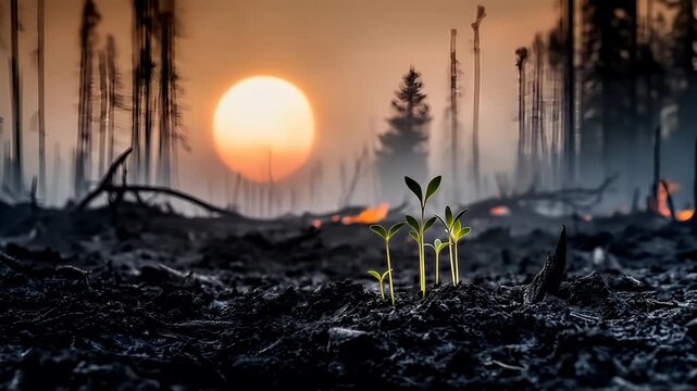 Natural disaster. Devastating loss aftermath scene. A vivid portrayal of a forest fire, with the sun casting a warm, golden hue over the scene.