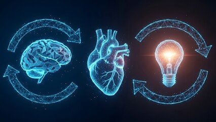 Brain heart and lightbulb idea connection. Emotional intelligence and creative thinking. Digital wireframe of human organs and glowing bulb symbolizing logic and passion