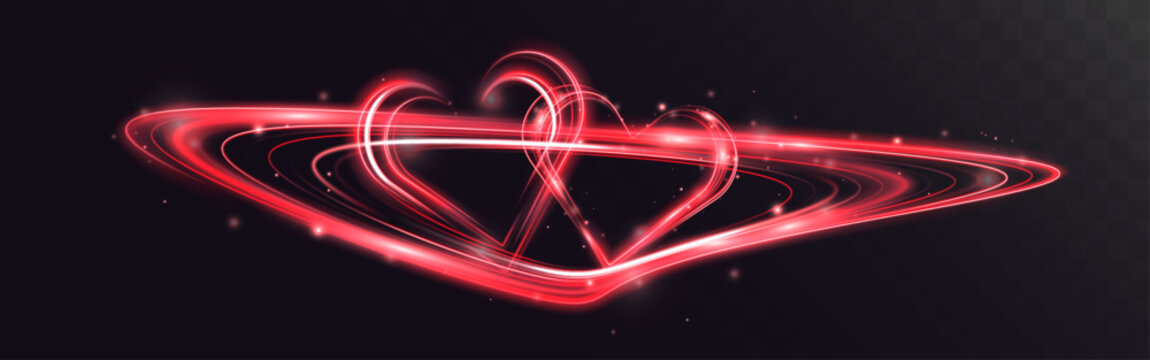 Light heart vortex with glowing garland effect. Neon red and blue hearts made of light trails, swirling rings and sparkles for Valentine&rsquo;s Day, wedding and romantic holiday designs.
