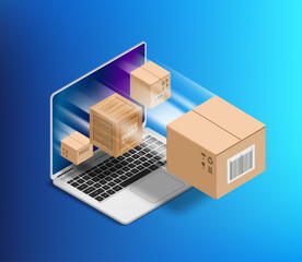 Cardboard boxes flying out of a laptop screen. Cargo delivery. Isometric projection. Vector illustration.