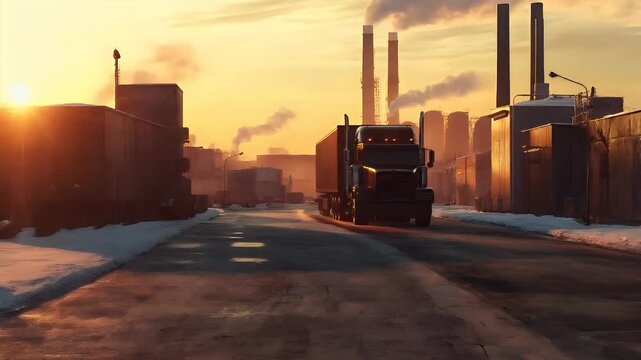 Air pollution. Environment conservation. Industry. A detailed, realistic rendering of a large, modern semitruck on a city street during sunset. The truck is illuminated by the setting or rising sun.