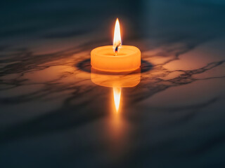 Fototapeta premium Candle reflection on marble surface with soft lighting