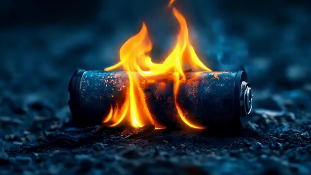 Electronic waste. Environment ecosystem pollution. Recycling. A closeup shot of a burning cylindrical object, possibly a propane tank, with flames emanating from it.