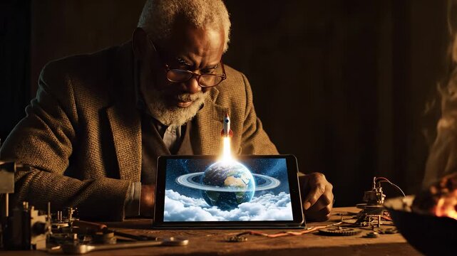 man examines tablet hologram earth technology. innovation science experiment and study happen in workshop. older maker uses tools and focus. image conveys research learning and creativity. mood warm.