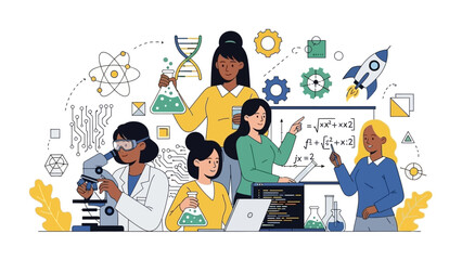 Illustration of diverse women in science collaborating with various scientific tools and symbols around them in a corporate education setting.