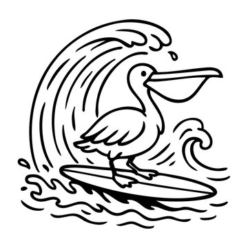 Logo club de surf. Dibujo sencillo con l&iacute;neas de pel&iacute;cano en tabla de surf con olas