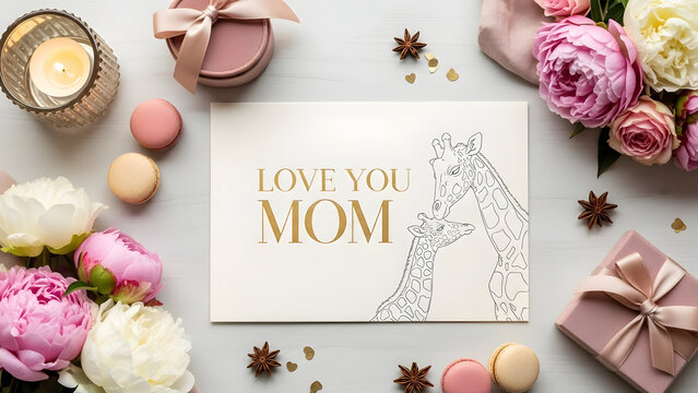 Love you Mom card with giraffes surrounded by gifts and flowers mother greeting mother's day