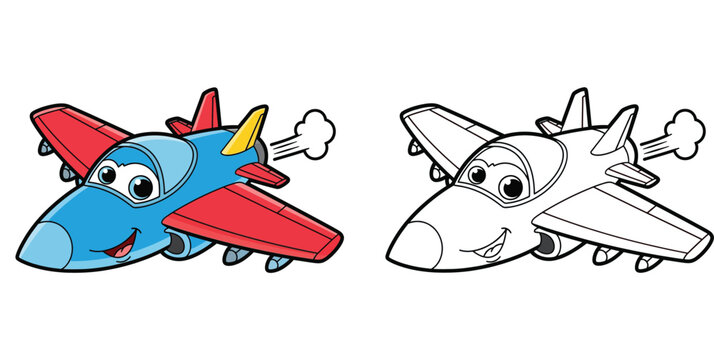 Cute cartoon jet plane character vector illustration with black and white outline version for coloring book page. Funny military aircraft drawing for kids education and leisure activity.